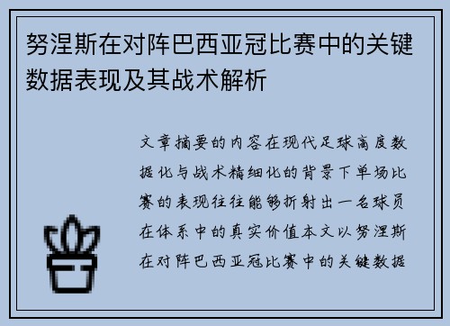 努涅斯在对阵巴西亚冠比赛中的关键数据表现及其战术解析