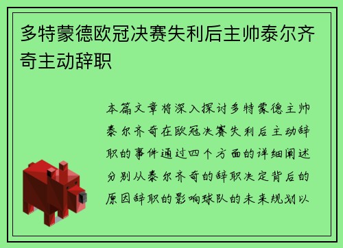 多特蒙德欧冠决赛失利后主帅泰尔齐奇主动辞职 多特蒙德欧冠决赛失利后主帅泰尔齐奇主动辞职