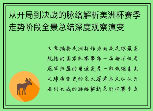 从开局到决战的脉络解析美洲杯赛季走势阶段全景总结深度观察演变